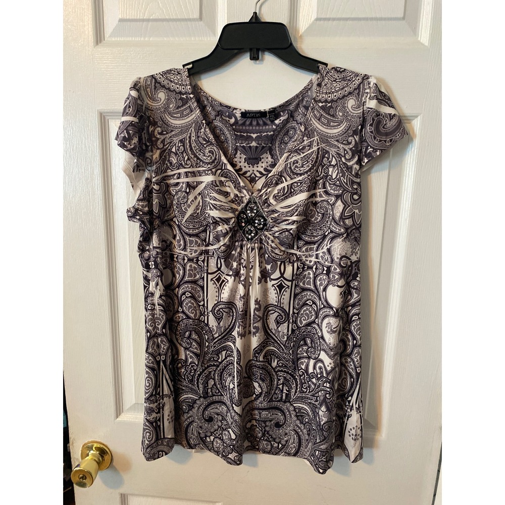 Apt. 9 Womens Purple Paisley V-Neck Beaded Medallion Blouse Top Petite XL PXL